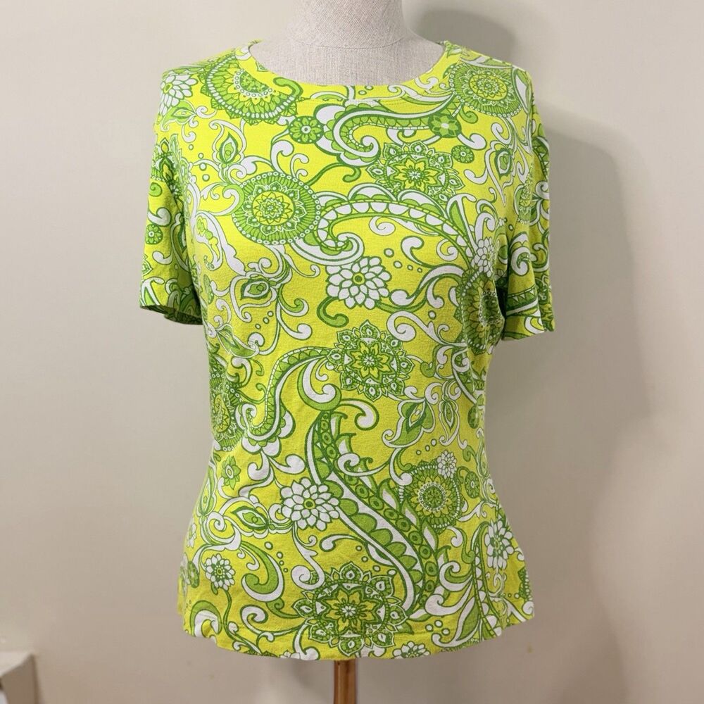 St. John Paisley Mandala T-shirt Top Chartreuse Green S EUC Resortwear Retro 70s